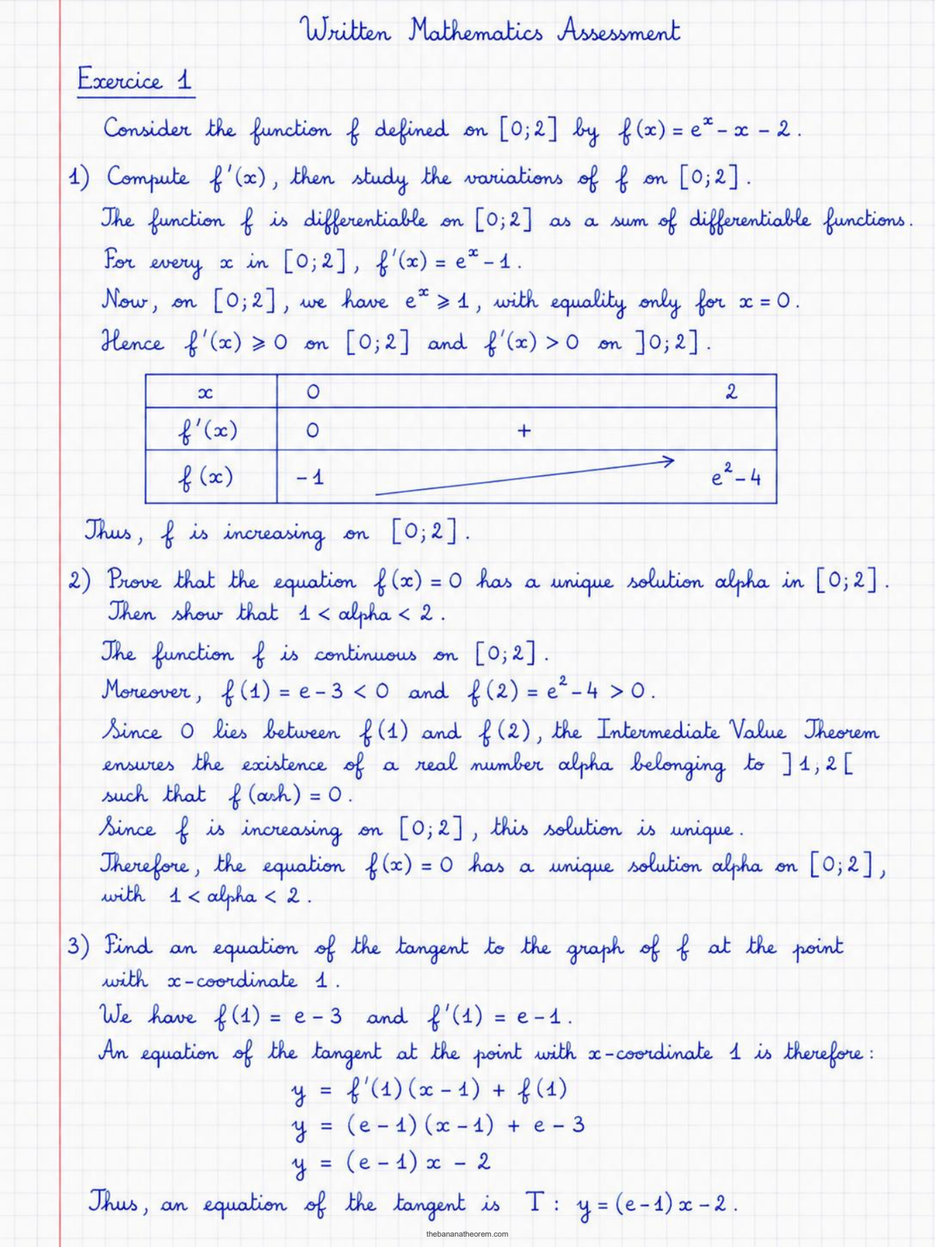 Handwritten model solution showing a clear variation table, justified use of the Intermediate Value Theorem and an explicit conclusion.